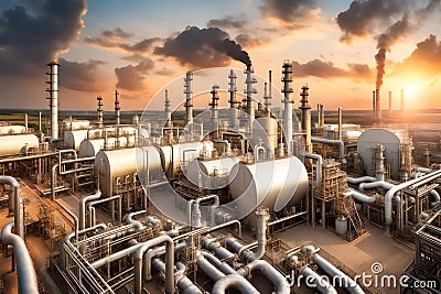 Sunset view of an oil refinery, chemical complex, and power plant with several storage tanks and pipelines Stock Photo