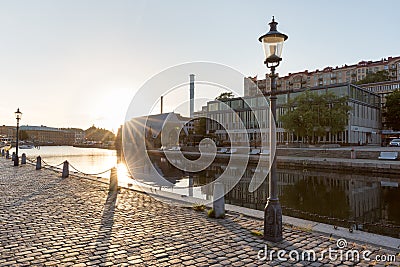 Sunset view over feskekorka at the harbor channel of Gothenburg Editorial Stock Photo