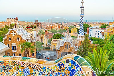 Sunset view of Parc Guell in Barcelona, Spain Editorial Stock Photo