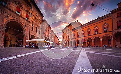 Sunset view of the piazza Santo Stefano at the evening, Bologna. Editorial Stock Photo