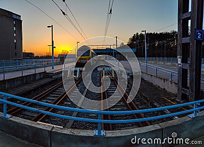 Sunset view railway station Genk train Editorial Stock Photo