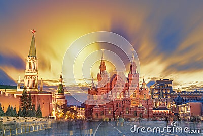 Sunset view of the Red Square, Moscow Kremlin, Lenin mausoleum, historican Museum in Russia. World famous Moscow landmarks for tou Stock Photo