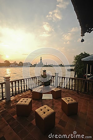 Sunset view from riverside cafe near the Dawn temple Bangkok riv Stock Photo