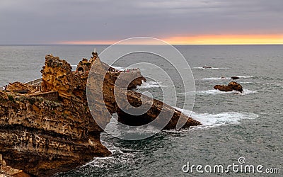 Sunset view of the Rock of the Virgin Mary in Biarritz, France. Stock Photo