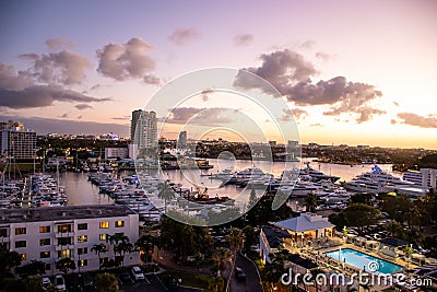 Sunset view sailboats and Yachts docked in the canals of Fort Lauderdale Florida. Editorial Stock Photo