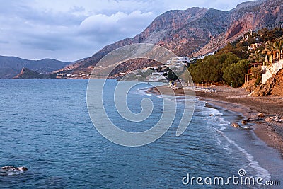 Sunset view of the Telendos island, from Myrties village in Kalymnos island, Greece. Stock Photo