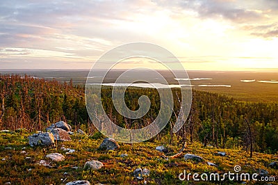 Sunset view to taiga forest and lakes from Mountain Vottovaara, Karelia, Russia Stock Photo