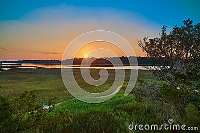 Sunset viewed from the observation tower at Skidaway Island State Park, GA Stock Photo