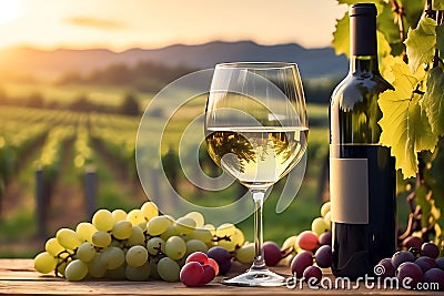 Sunset vineyard scene with white wine, bottle, and grapes. Generative AI Stock Photo