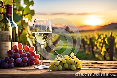 Sunset vineyard scene with white wine, bottle, and grapes. Generative AI Stock Photo