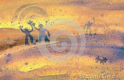 Sunset walk: watercolor painting in futuristic fantasy style Stock Photo