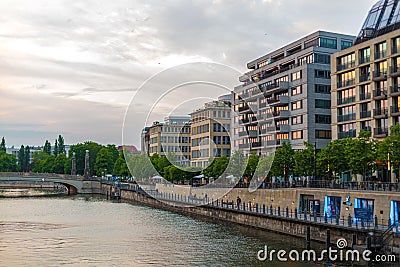 Sunset on the waterfront in Berlin. Evening walk around the city Editorial Stock Photo