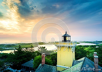Sunset in Wildwood, New Jersey and lighthouse aerial view Stock Photo