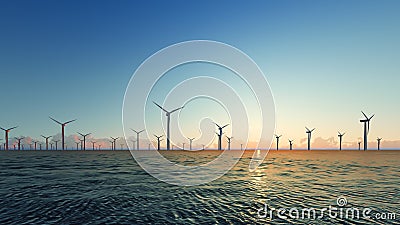 Sunset Wind Turbines on blue sea 3D render Stock Photo