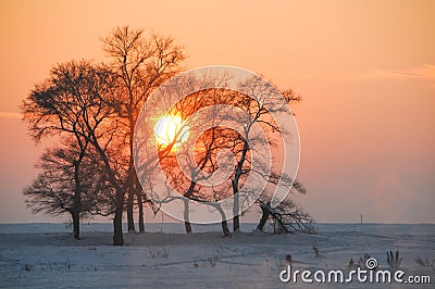 Sunset in Winter tale. Jilin Rime Islands of Northeast Stock Photo