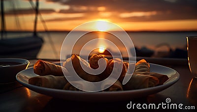 Sunset yacht meal gourmet seafood appetizer on tropical wood table generated by AI Stock Photo