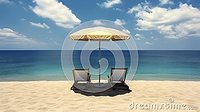 Sunshade between two empty loungers on a sandy beach in front of a tranquil blue sea Stock Photo