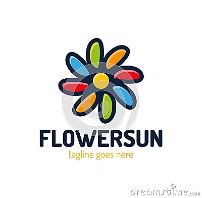 Sunshine creative symbol concept. Sunlight, solarium, sunblock cream, protection screen abstract business logo. Summer flower Vector Illustration