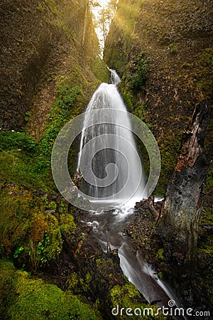 Sunshine over Wahkeena Falls at Columbia River Gorge, Oregon Stock Photo