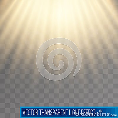 Sunshine rays. Yellow sun rays. Warm orange flare. Glaring effect with transparency. Abstract glowing light background. Vector Illustration