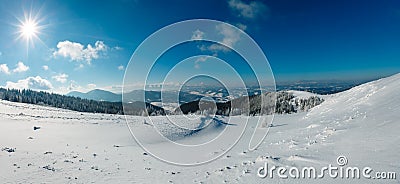 Sunshiny winter mountain snowy landscape Stock Photo