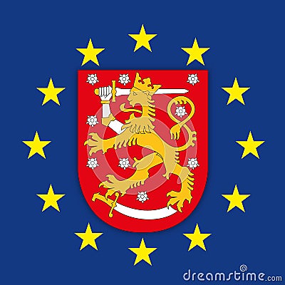 Suomi Finland coat of arms on the European Union flag Vector Illustration