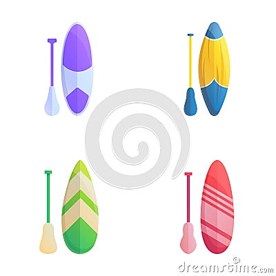 Sup surfing icons set cartoon vector. Various inflatable sup board with paddle Vector Illustration