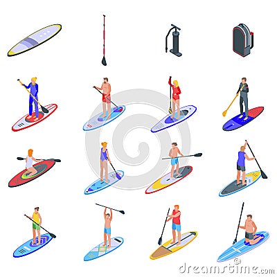 Sup surfing icons set, isometric style Vector Illustration