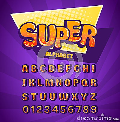 Super alphabet funny font on purple background Vector Illustration