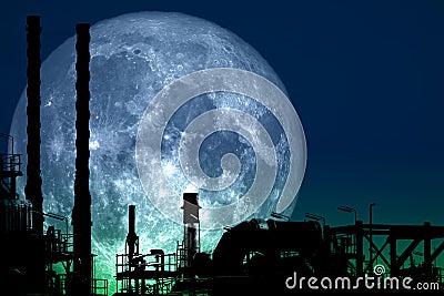 super blood moon back on silhouette refinery oil industry night sky Stock Photo