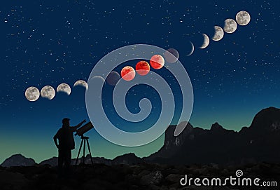 Super blue blood moon eclipse sequence and man with telescope Stock Photo