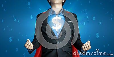 Super business man wears black suits and red robes with super heroes winner concept on a lot of money dollars background and Stock Photo