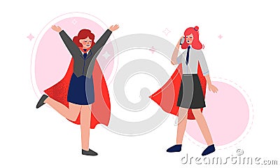 Super Business Woman Character in Red Cape Speaking by Phone and Jumping Vector Set Vector Illustration