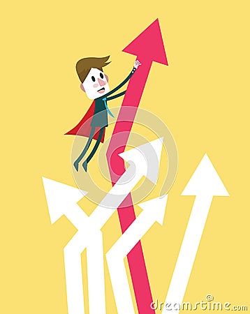 Super businessman bring graph growth up. flat design character. Vector Illustration