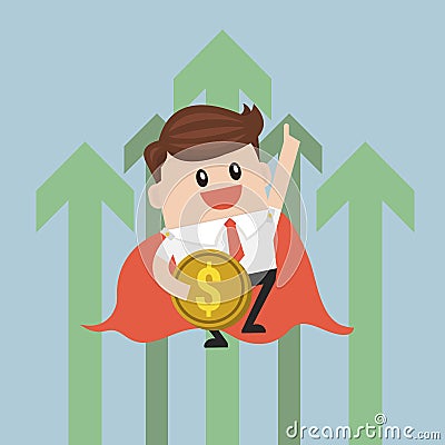 Super businessman flying with growth graph. Vector Illustration