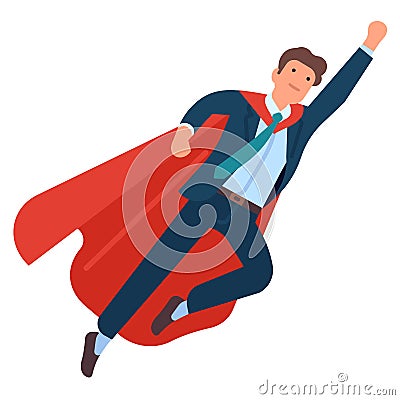 Super businessman pose. Professional office manager character in hero costume with red cloak. Man flying to success Vector Illustration