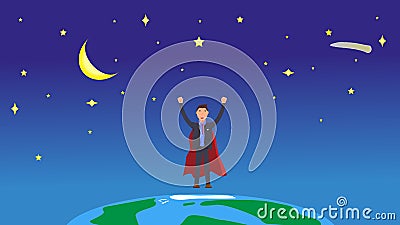 Super businessman in space over planet earth. Stars in universe and happy winner business man with raised hands up. Vector flat Vector Illustration