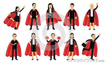 Super Businesswoman and Businessman Standing and Hurrying Up the Career Ladder Vector Illustration