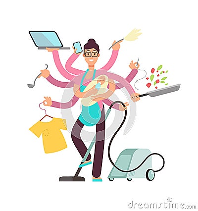 Super busy mother working and cooking simultaneously vector concept Vector Illustration
