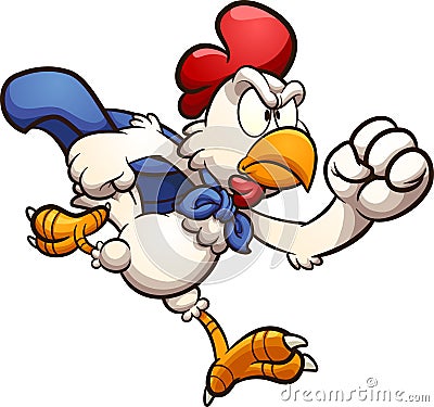 Angry cartoon running super chicken. Vector Illustration