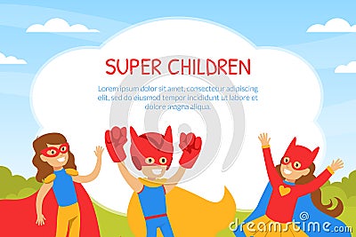 Super Children Banner Template with Space for Text, Birthday Party Poster, Invitation Card with Cheerful Kids Dressed in Vector Illustration