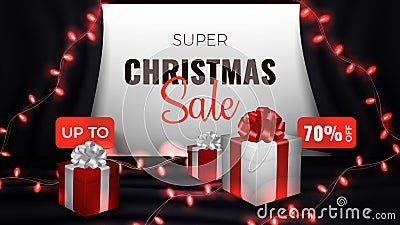 Super Christmas Sale Banner. Red and white gift boxes, red lights garland on black satin stage curtain background Cartoon Illustration