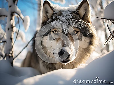 Super close picture of timber wolf in snow Cartoon Illustration