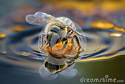 Super close up of honey bee drinking a water - AI Stock Photo