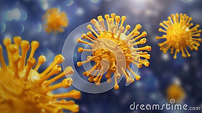 Super closeup Coronavirus COVID-19 in human body background. Science and micro biology concept. Corona virus outbreak epidemic. Cartoon Illustration