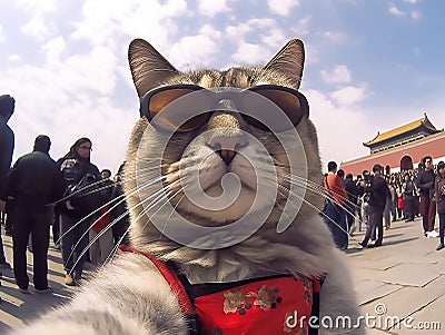 A super cool cat taking a selfie, packed by a crowded throng of human tourists and the Forbidden City.Generative AI Stock Photo