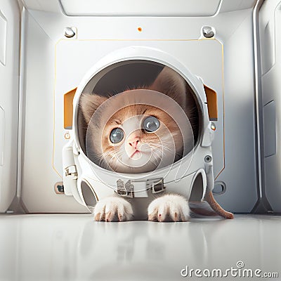 Super cute pet astronaut kitten cat in a white spacesuit explorer Stock Photo