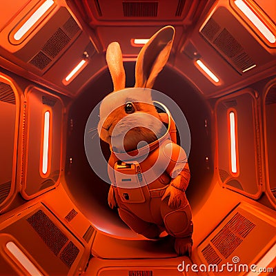 Super cute pet astronaut rabbit in a orange spacesuit in space Stock Photo
