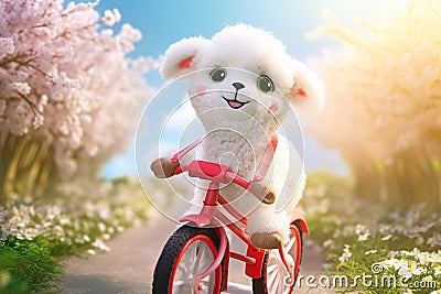 a super cute adorkable fluffy white baby lamb is smiling happily, very happy, riding a bicycle AI generated Stock Photo