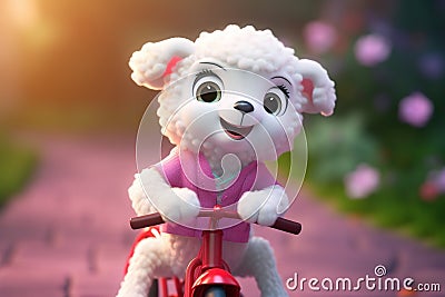 a super cute adorkable fluffy white baby lamb is smiling happily, very happy, riding a bicycle AI generated Stock Photo